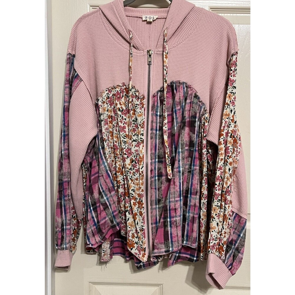 POL Clothing Waffle Thermal Floral Plaid Patchwork Zip Up Hoodie Small
